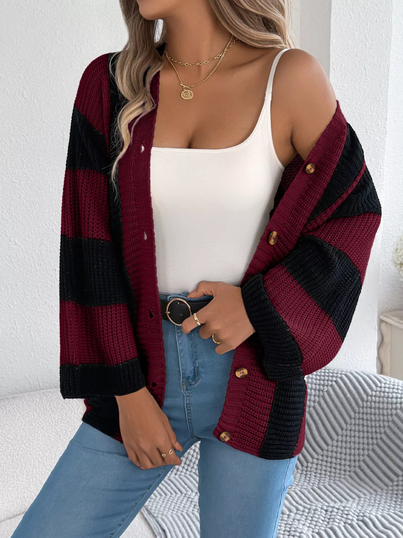 Color Block Button-Up Cardigan