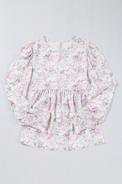 Printed Round Neck Long Sleeve Blouse