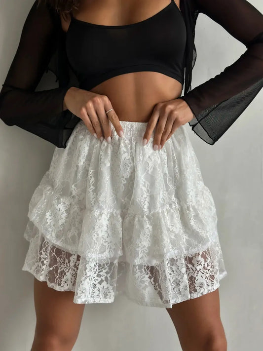 Lace Tiered Mini Skirt White
