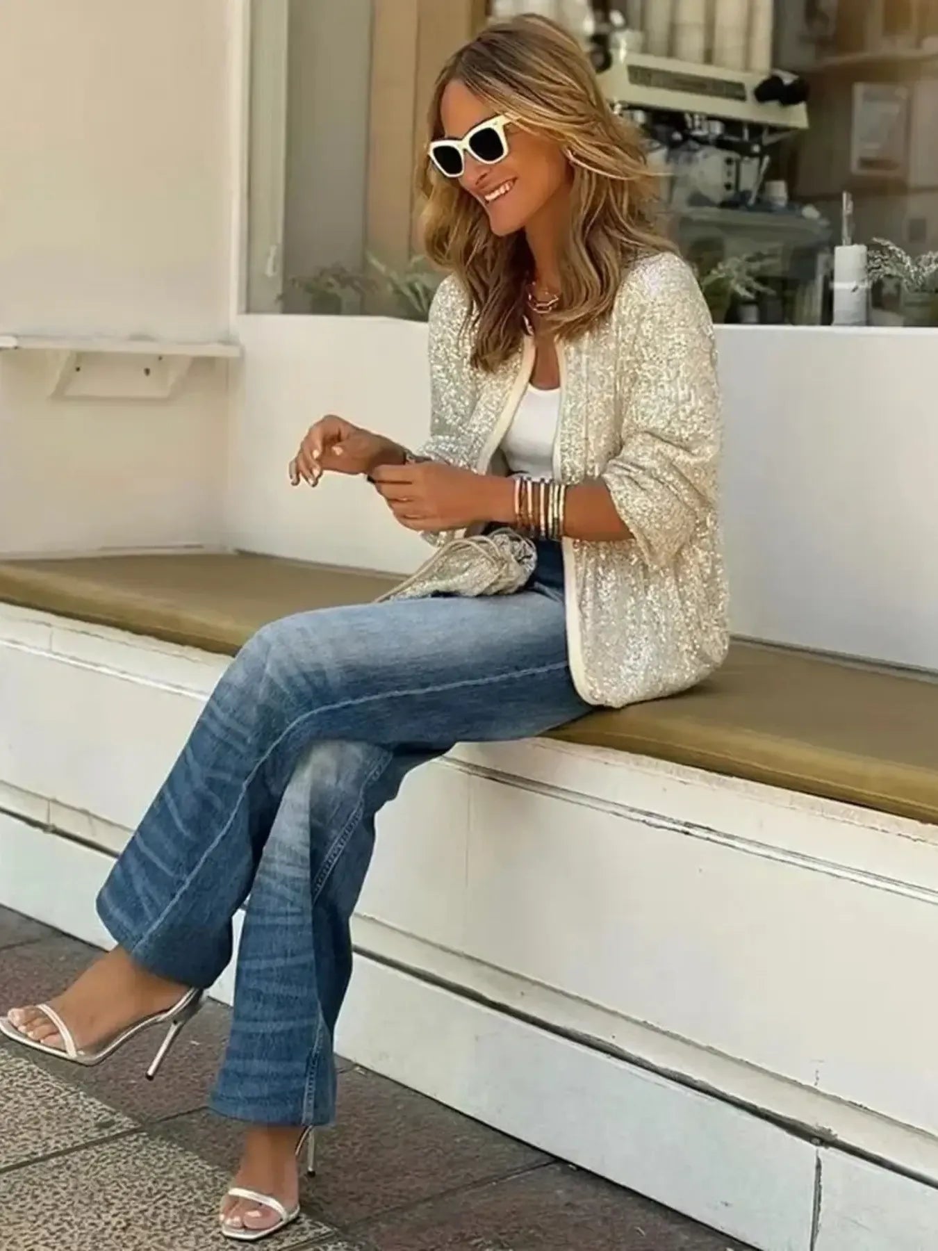 Sequin Zip Up Long Sleeve Jacket