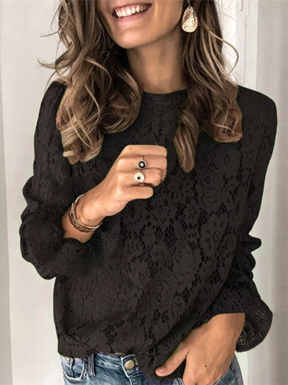 Full Size Lace Long Sleeve Blouse Plus Size Black