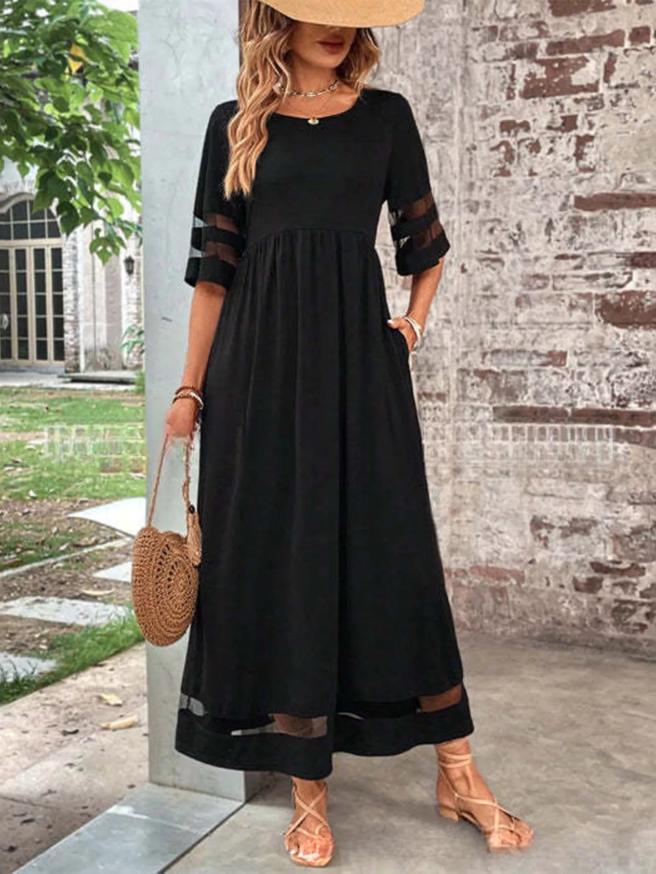 Full Size Round Neck Half Sleeve Dress Plus Size Black