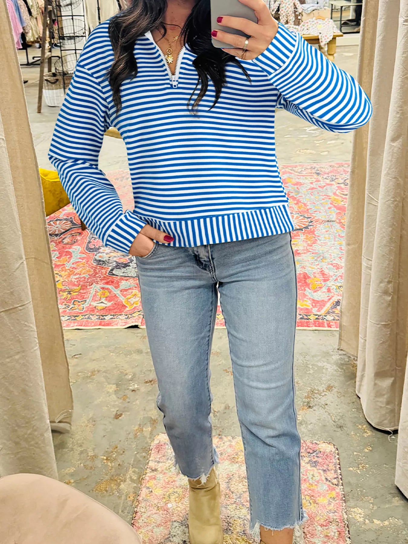 Stripe Quarter Zip Collar Long Sleeve Top Sky Blue