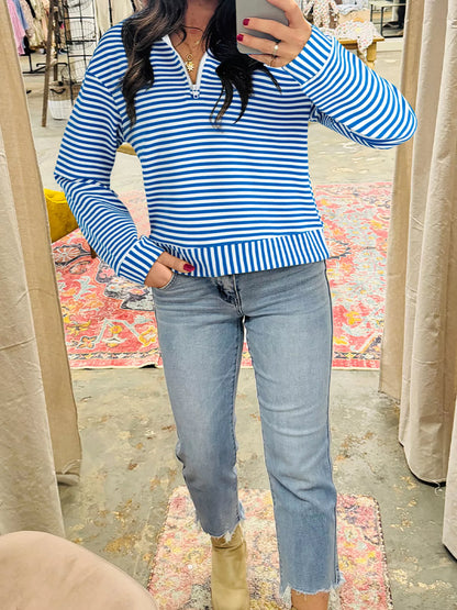 Stripe Quarter Zip Collar Long Sleeve Top Sky Blue