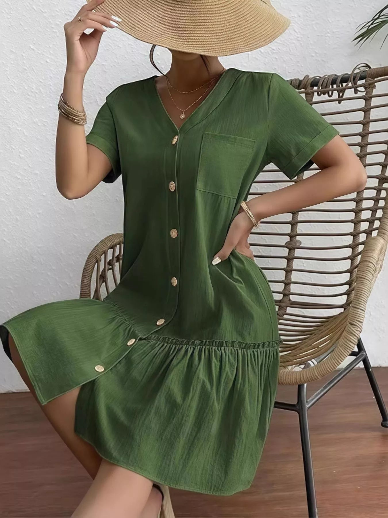 Full Size Button-Front Short Sleeve Tiered Dress Plus Size Military Green