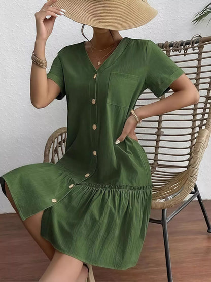 Full Size Button-Front Short Sleeve Tiered Dress Plus Size Military Green