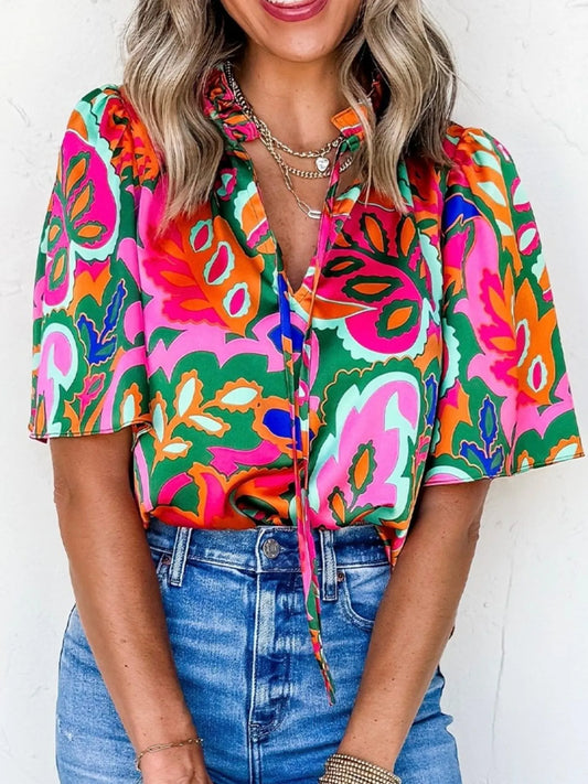 Tropical Print Short Sleeve Tie Neck Blouse