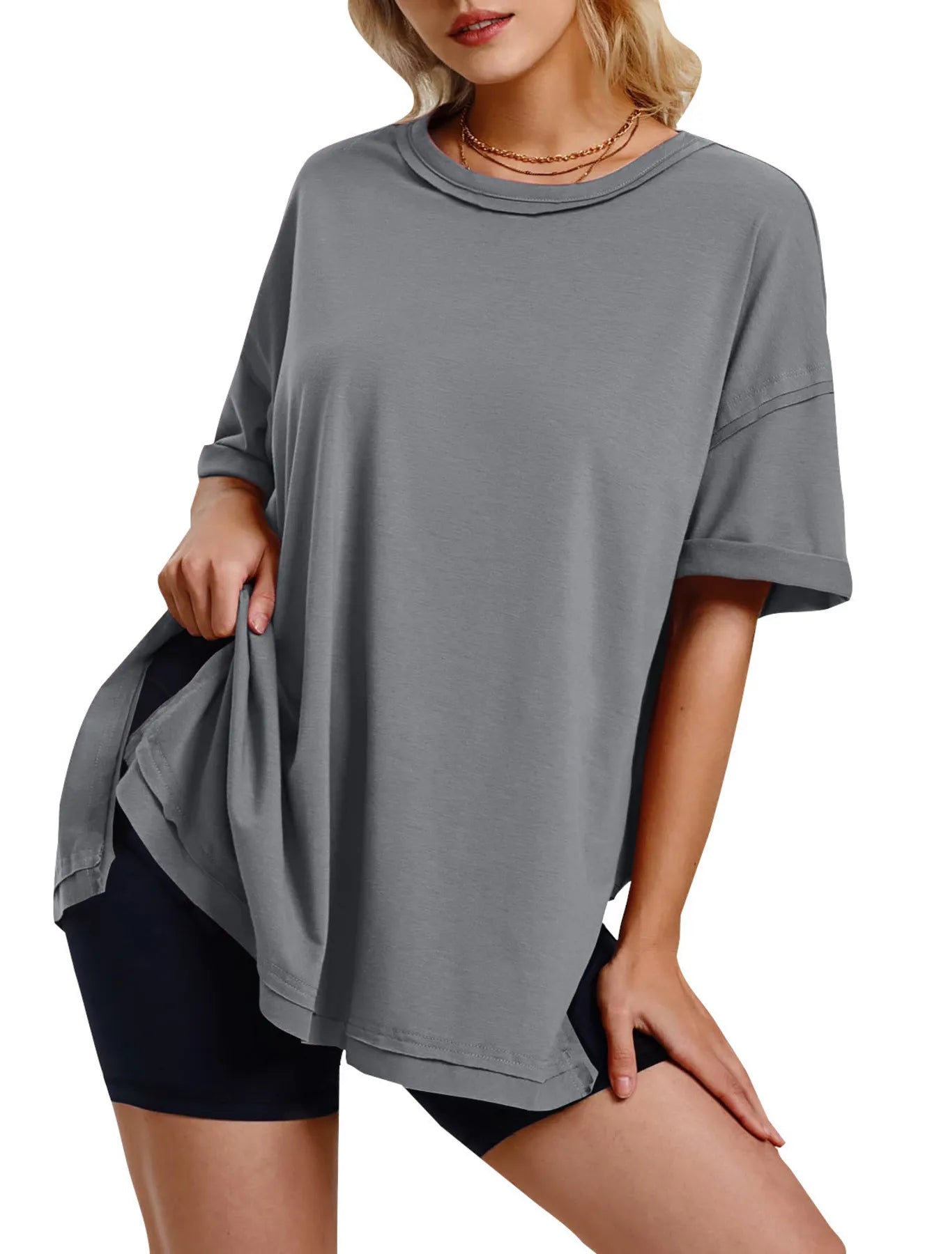 Full Size Oversized Drop Shoulder Side Slit T-Shirt Plus Size Gray