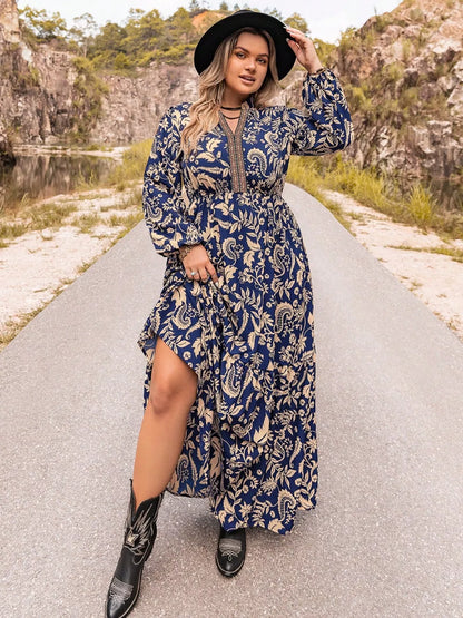 Plus Size Floral Print Long Sleeve Maxi Dress