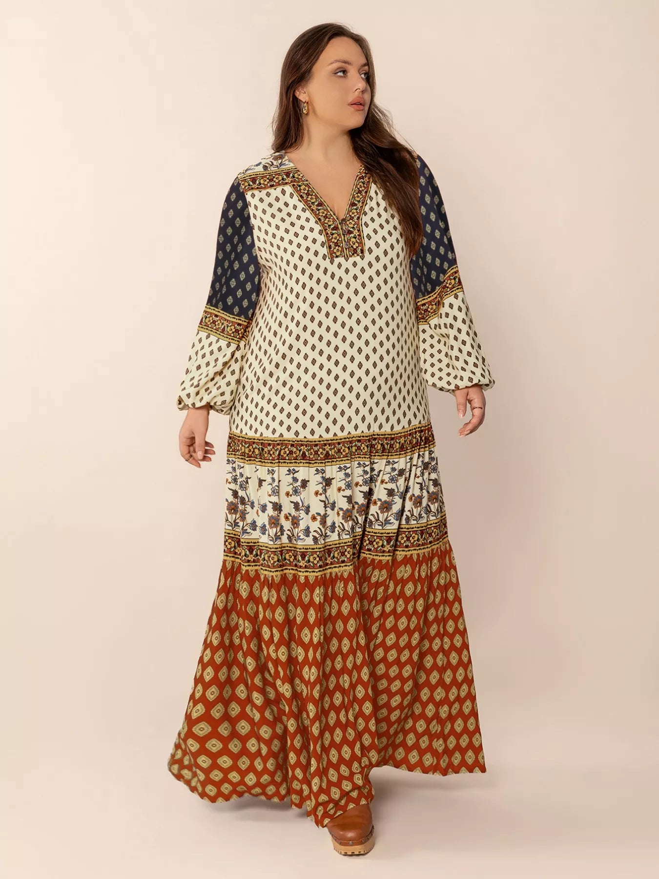 Plus Size Notched Balloon Sleeve Maxi Dress