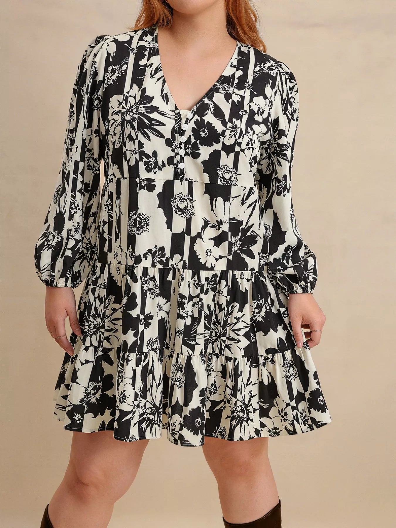 Plus Size Printed V-Neck Long Sleeve Mini Dress Black