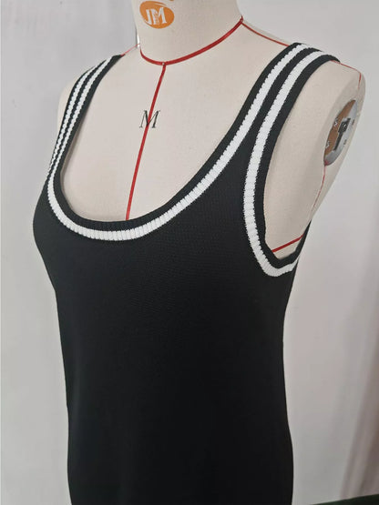 Sleeveless Ribbed Knit Sweater Dress with Contrast Trim