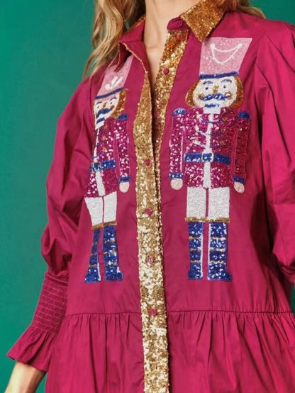 Full Size Christmas Sequin Nutcracker Tiered Shirt Dress Plus Size Plum Purple
