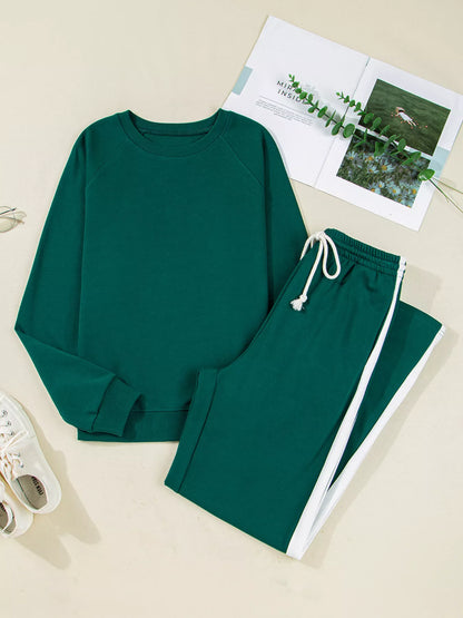 Round Neck Top and Stripe Detail Drawstring Pants Set