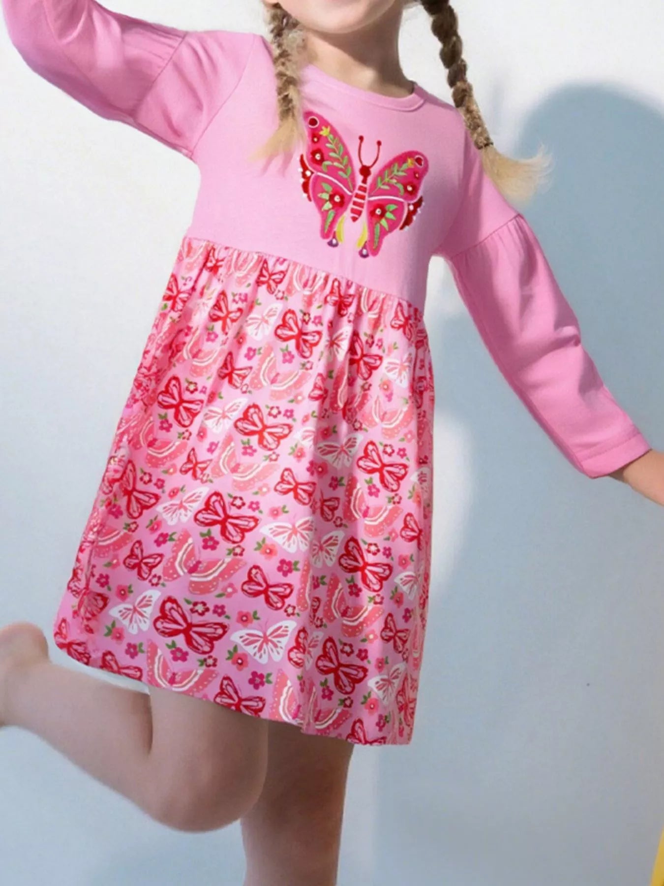 Children's Butterfly Long Sleeve Casual Dress Fuchsia Pink