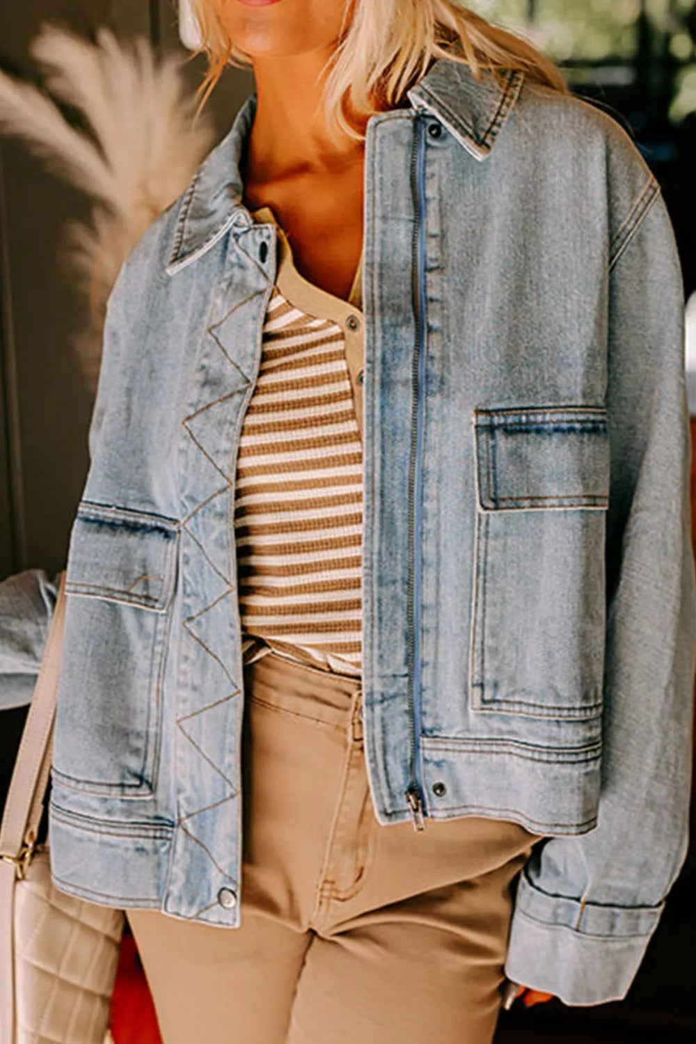 Zip Up Drop Shoulder Denim Jacket