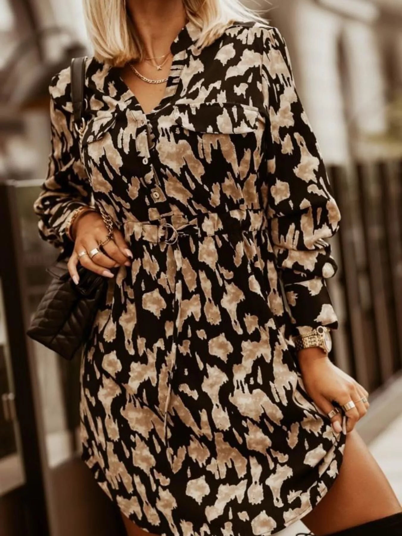 Printed Button Front Long Sleeve Dress Khaki Leopard Print
