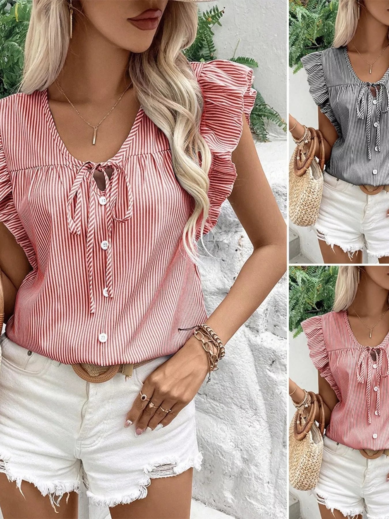 Striped Ruffle Sleeve Tie Front Blouse