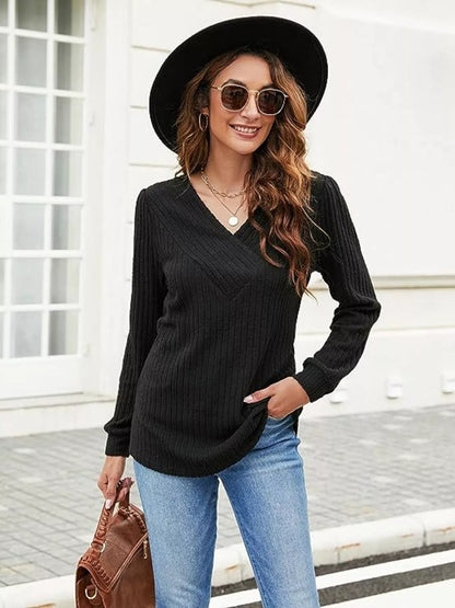 V-Neck Ribbed Long Sleeve Knit Top