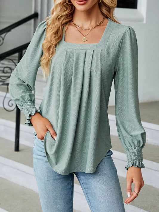 Pleated Square Neck Long Sleeve Top Sage