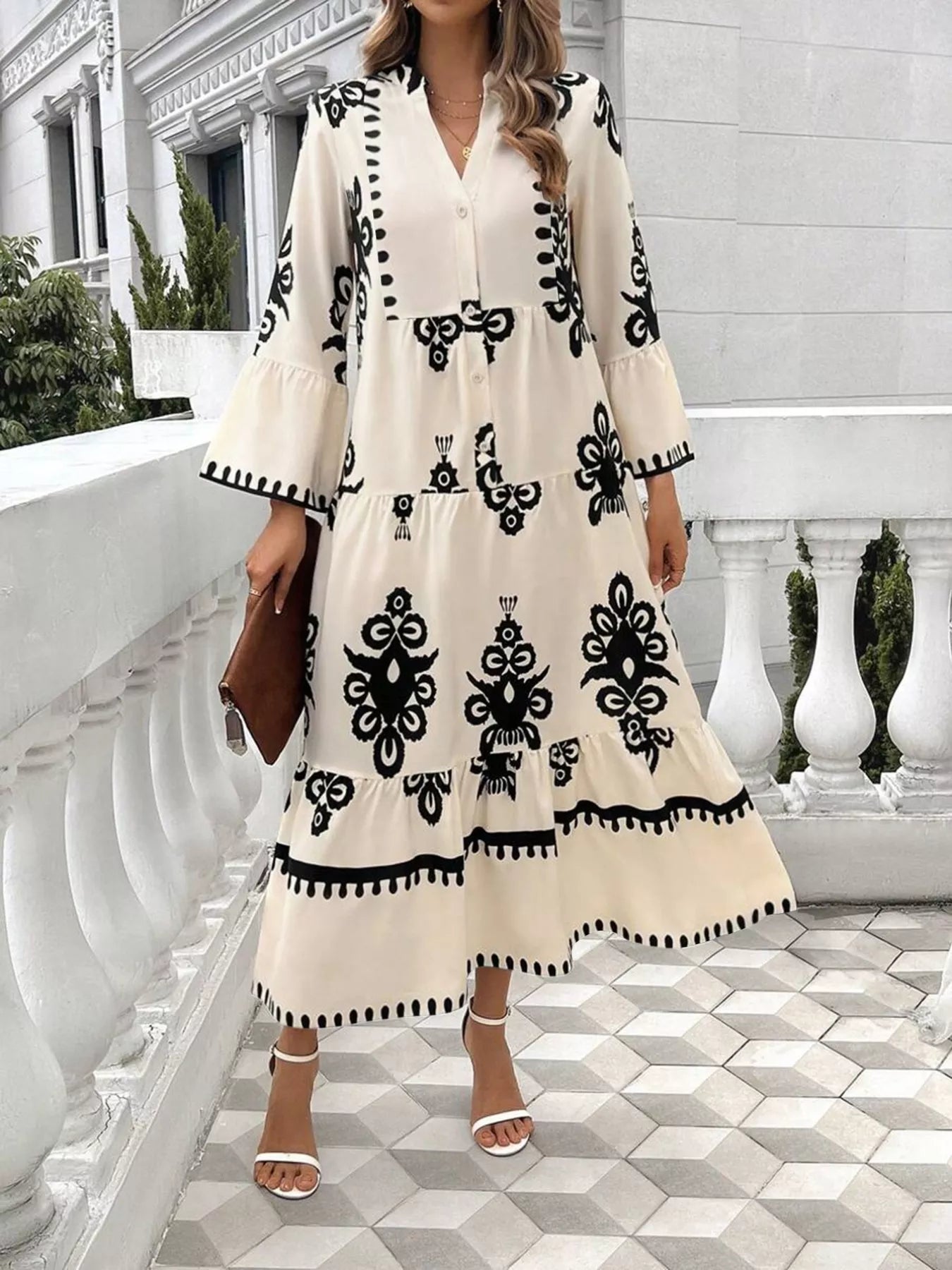 Bohemian Print Tiered Midi Dress Cream