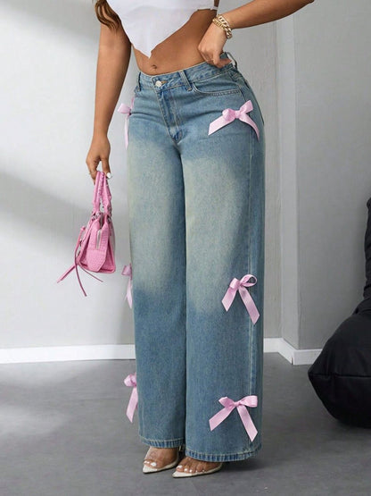 Bow High Rise Wide Leg Jeans