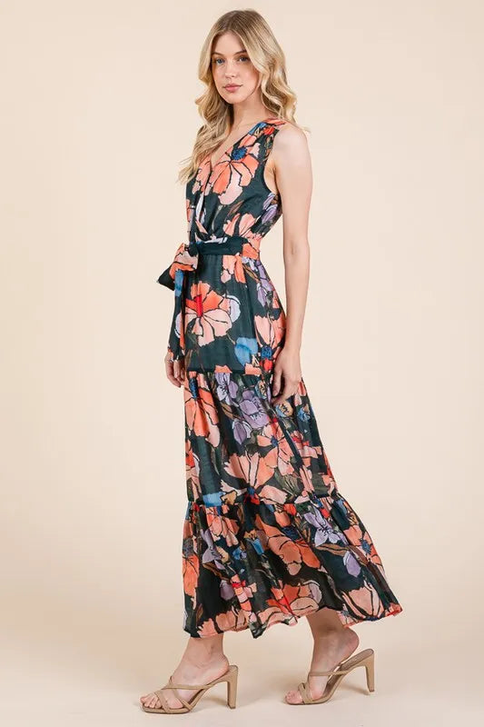 Lime 'N' Chili Floral Print Sleeveless Tie Waist Maxi Dress