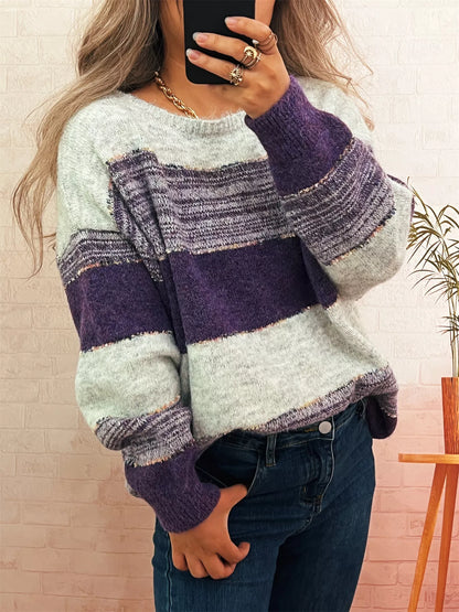 Color Block Dropped Shoulder Sweater Purple One Size