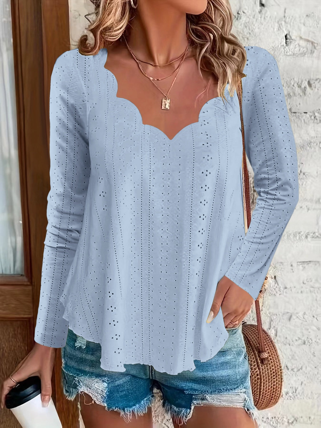 Eyelet Long Sleeve Blouse Light Blue