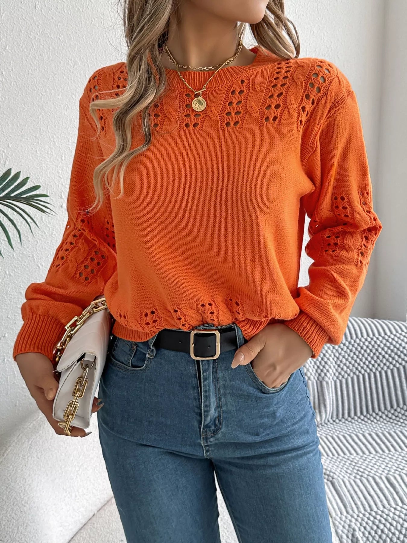 Hollow Out Eyelet Long Sleeve Sweater