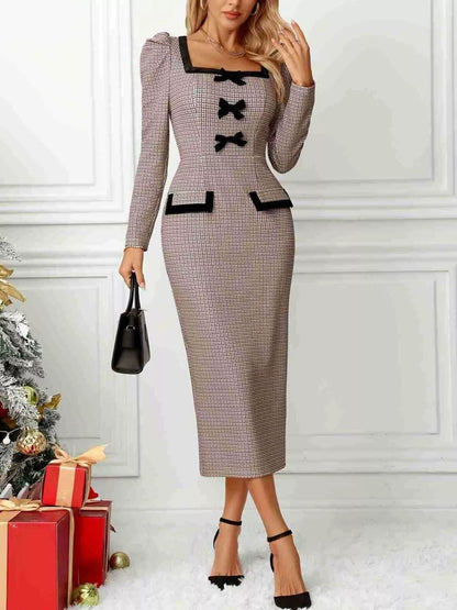 Houndstooth Bow Square Neck Dress Khaki