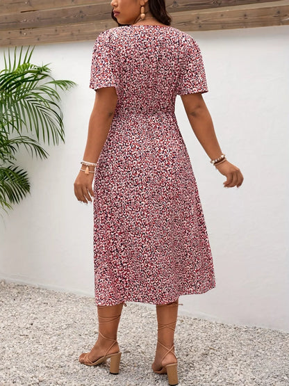 Plus Size Printed V-Neck Short Sleeve Midi Dress