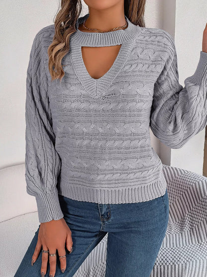 Cable-Knit Cutout Round Neck Sweater Gray
