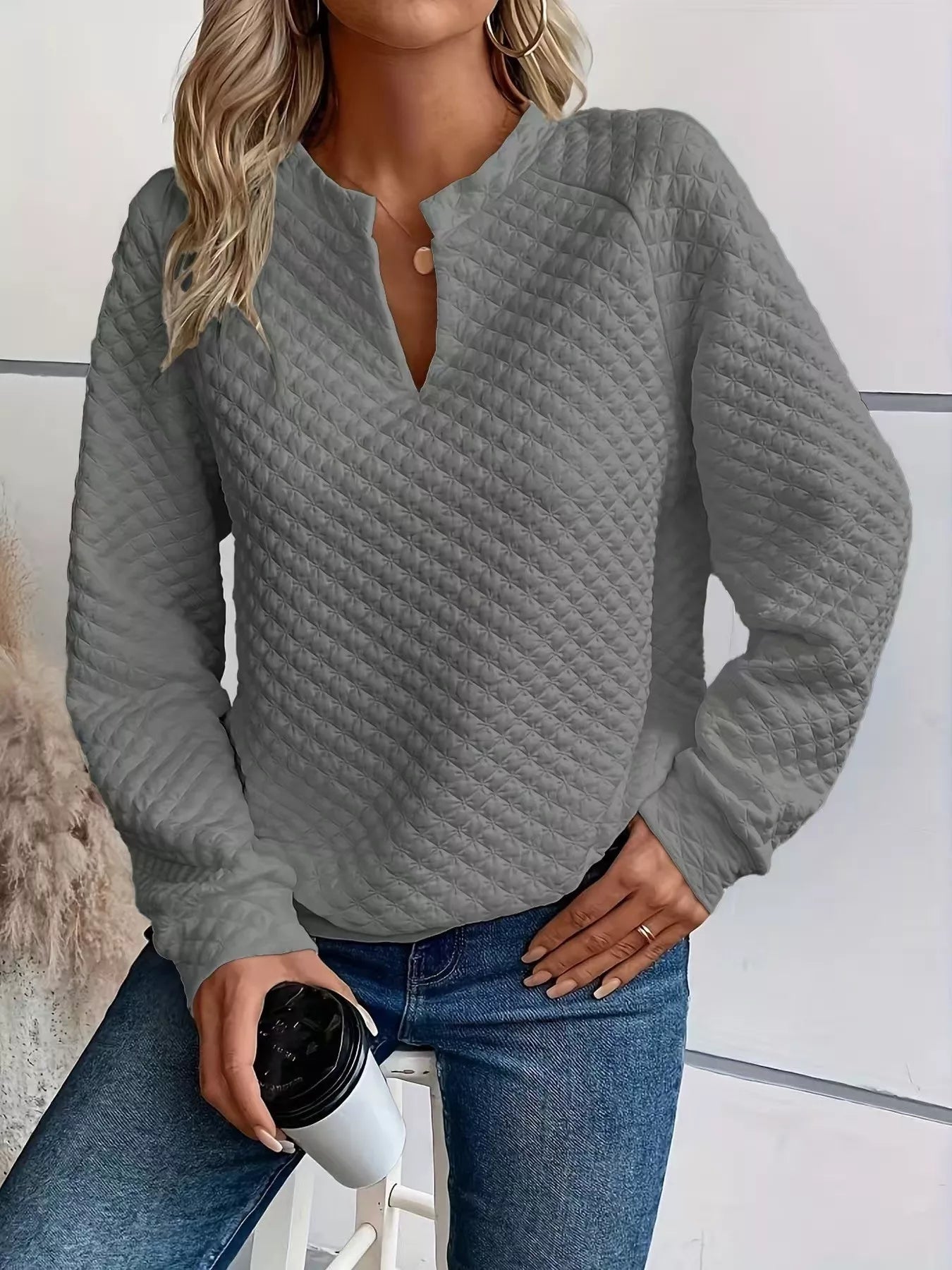 Notched Raglan Sleeve Sweatshirt Gray