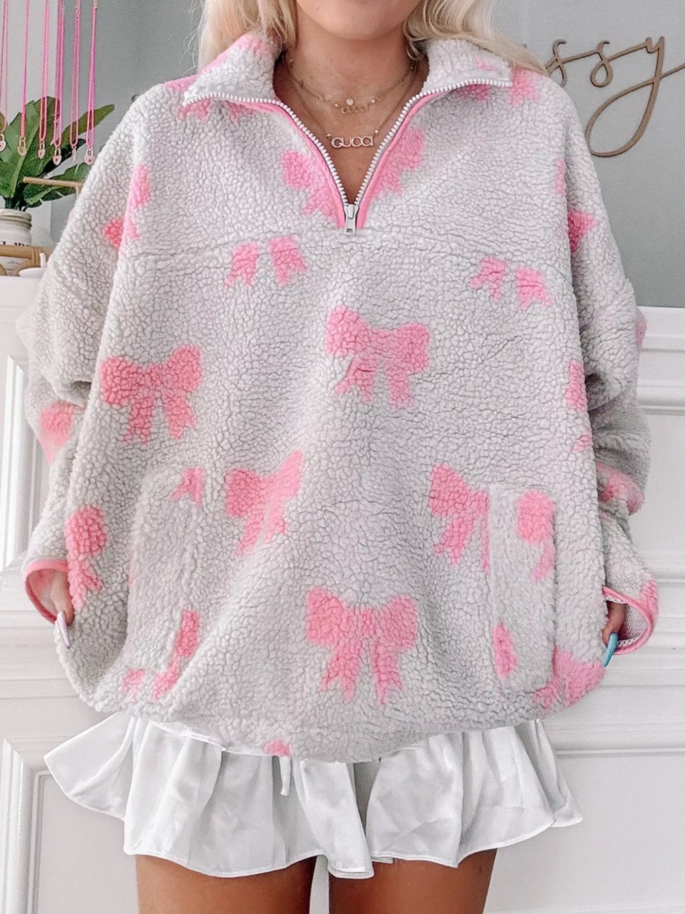 Bow Zip Collar Fleece Sweatshirt