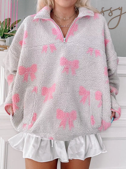 Bow Zip Collar Fleece Sweatshirt