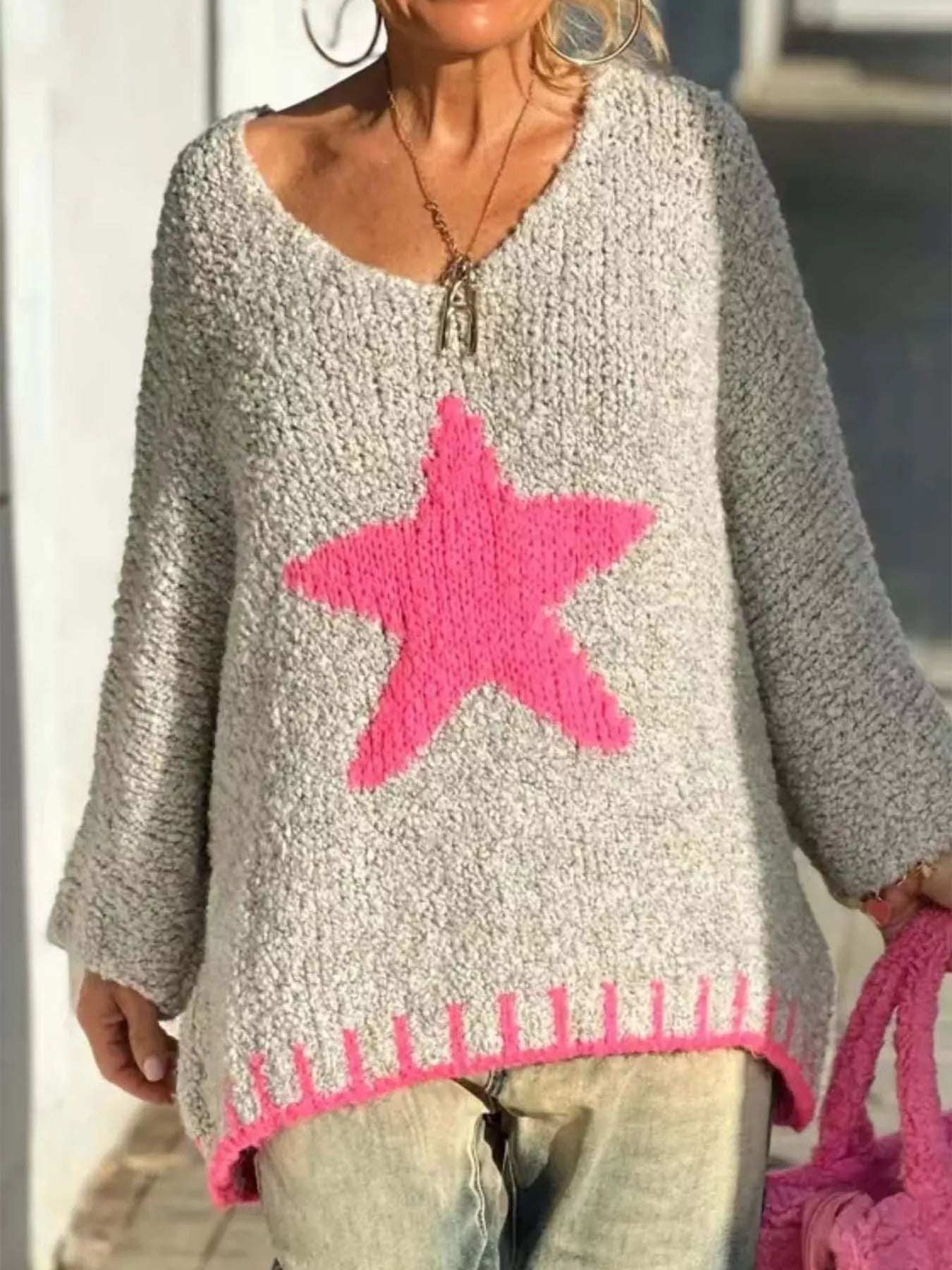 Star V-Neck Long Sleeve Sweater Beige