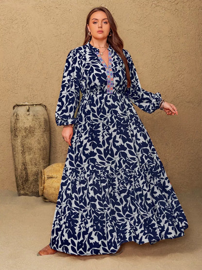 Plus Size Floral Print Notched Long Sleeve Maxi Dress