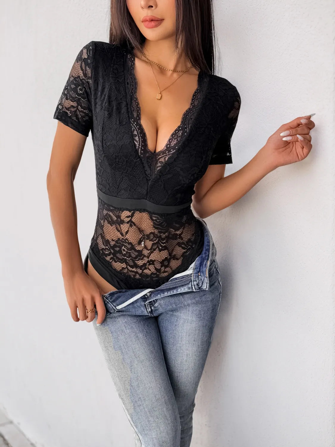 Lace Plunge Short Sleeve Bodysuit Black
