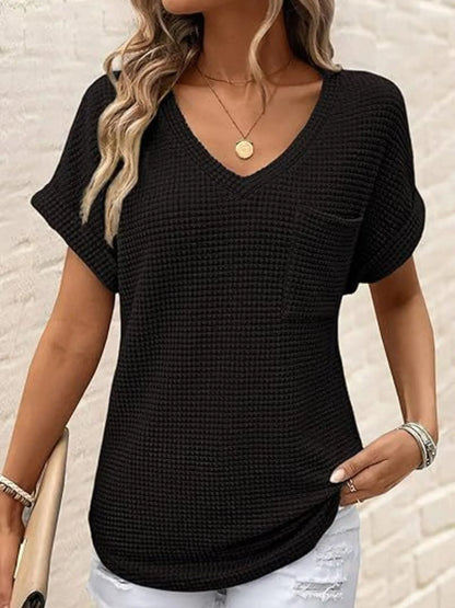 Waffle Knit V-Neck Casual T-Shirt Black