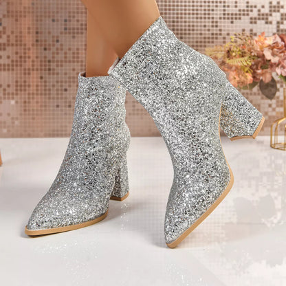 Sequin Point Toe Block Heels Boots