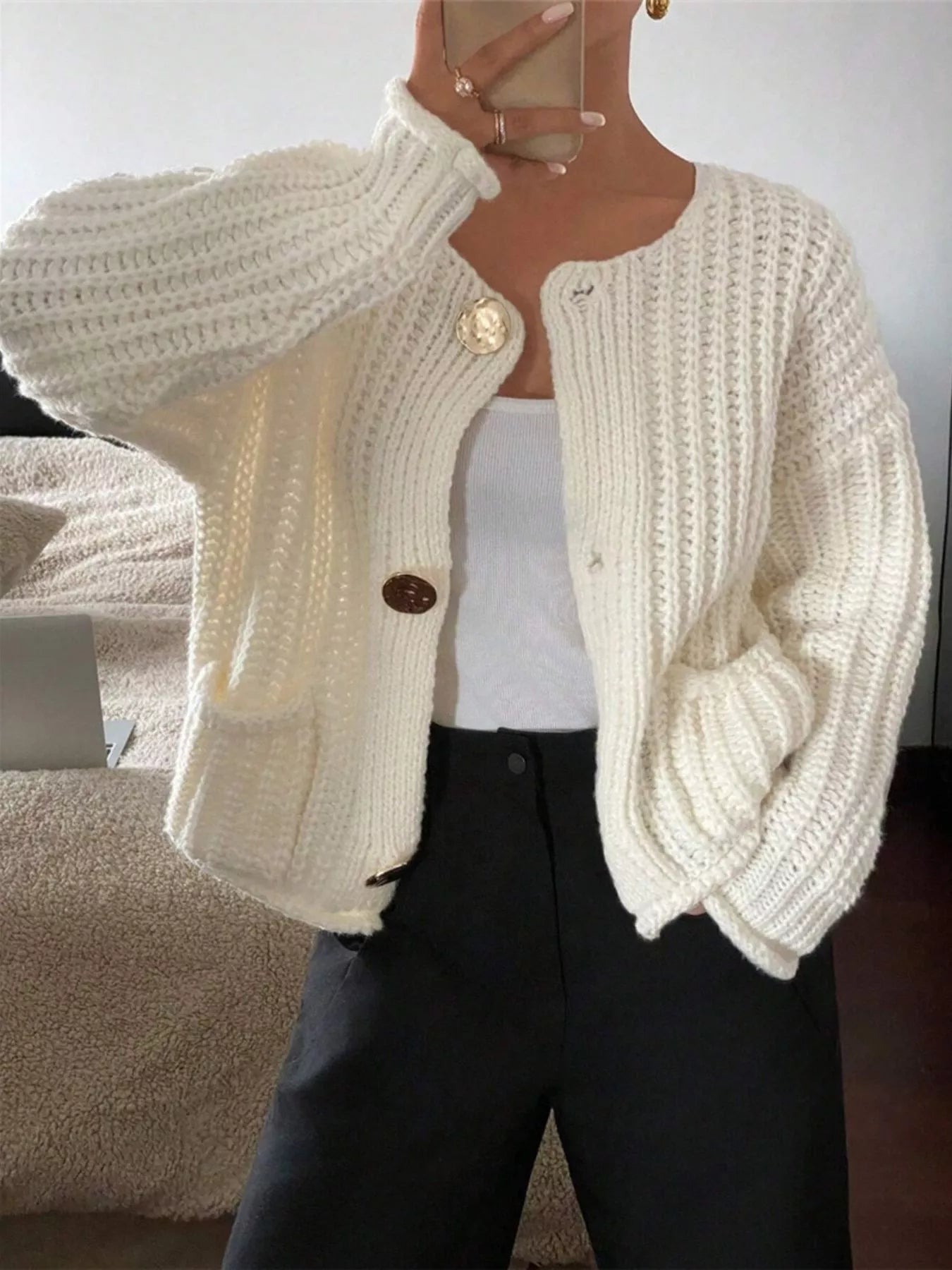 Button Up Dropped Shoulder Cardigan Beige