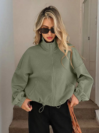 Drawstring Hem Textured Long Sleeve Jacket