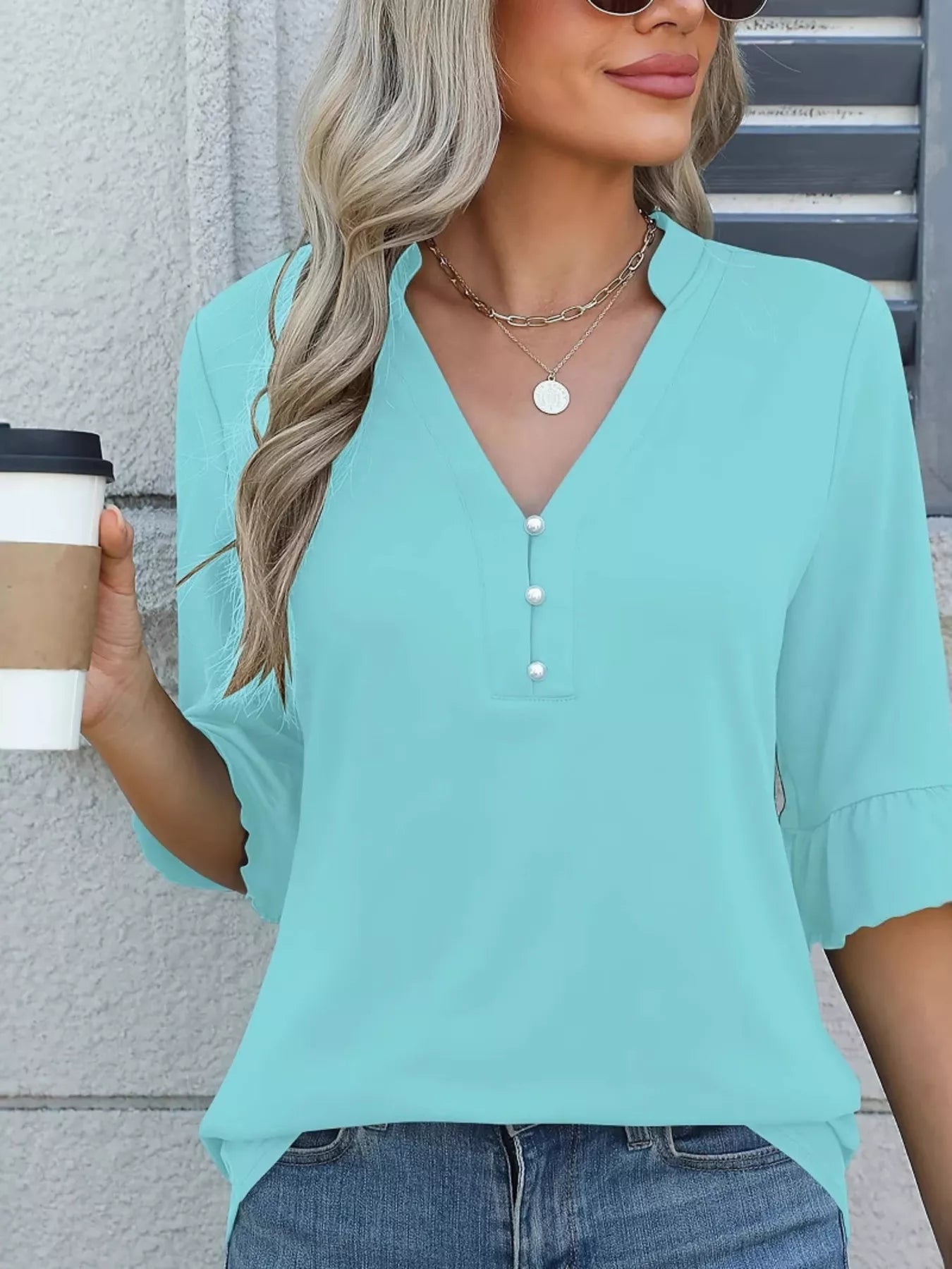 Full Size Notched Flounce Sleeve Blouse Plus Size Teal