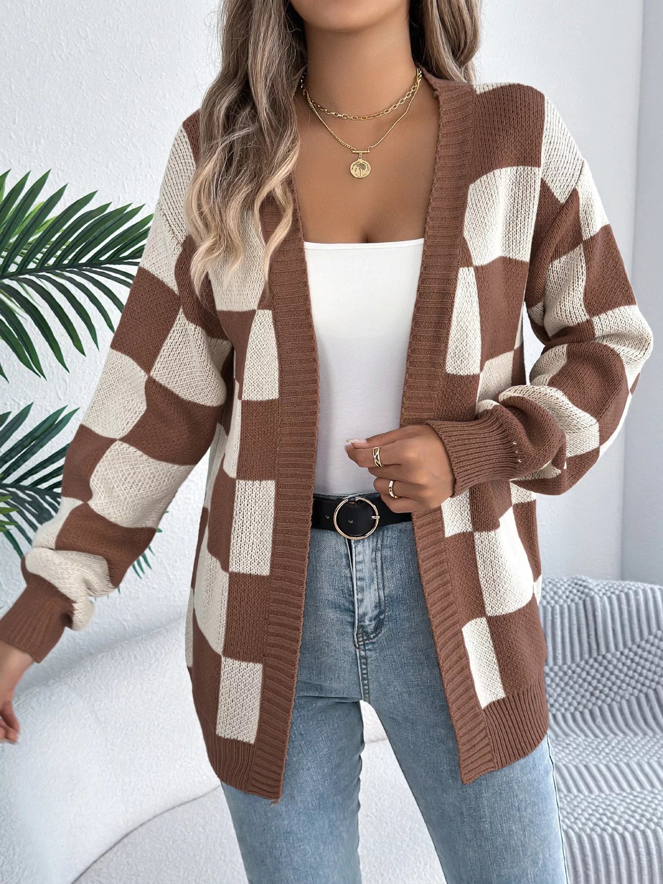 Checkered Pattern Open Front Cardigan