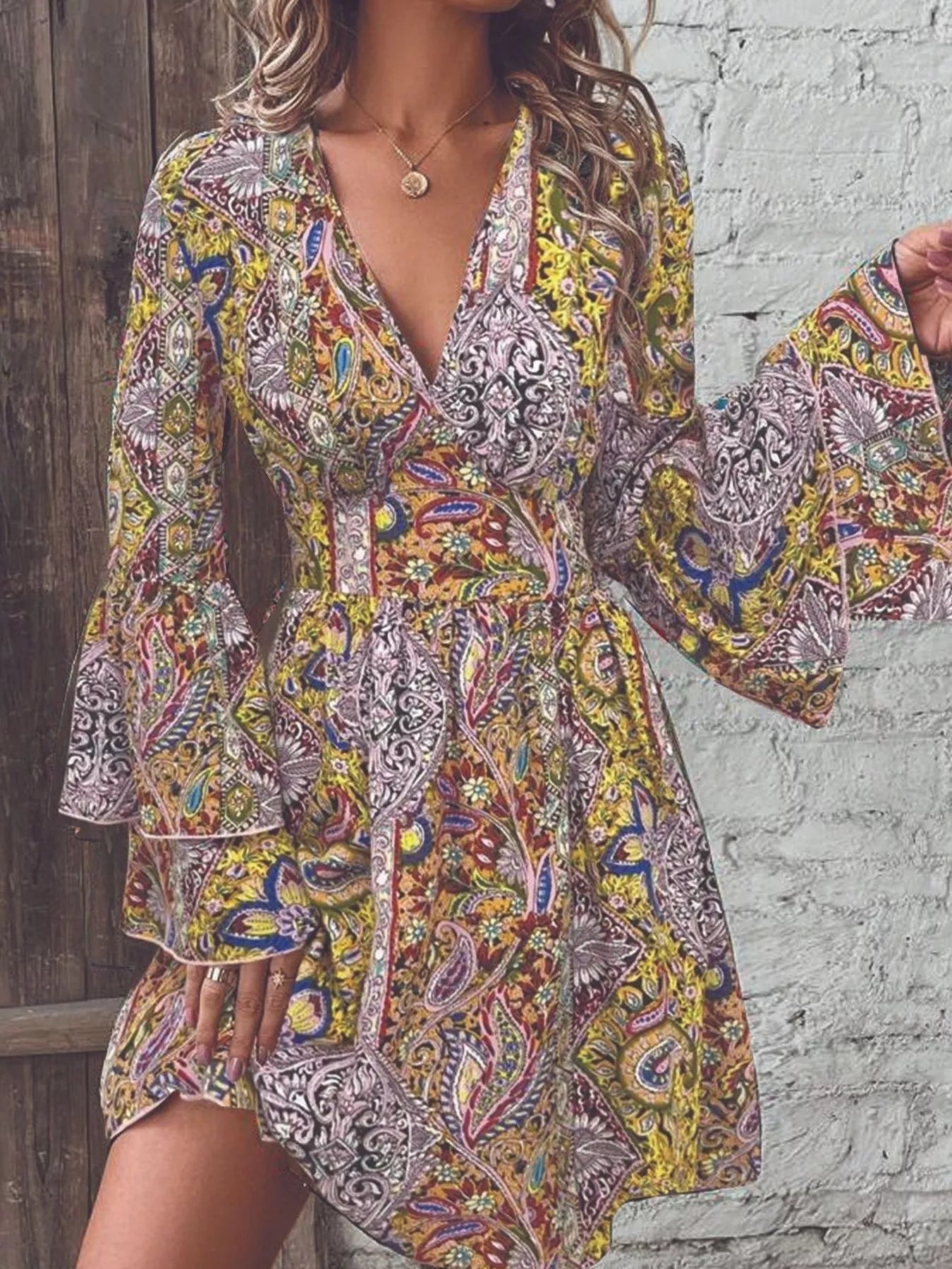 Paisley Print V-Neck Flounce Sleeve Dress Yellow