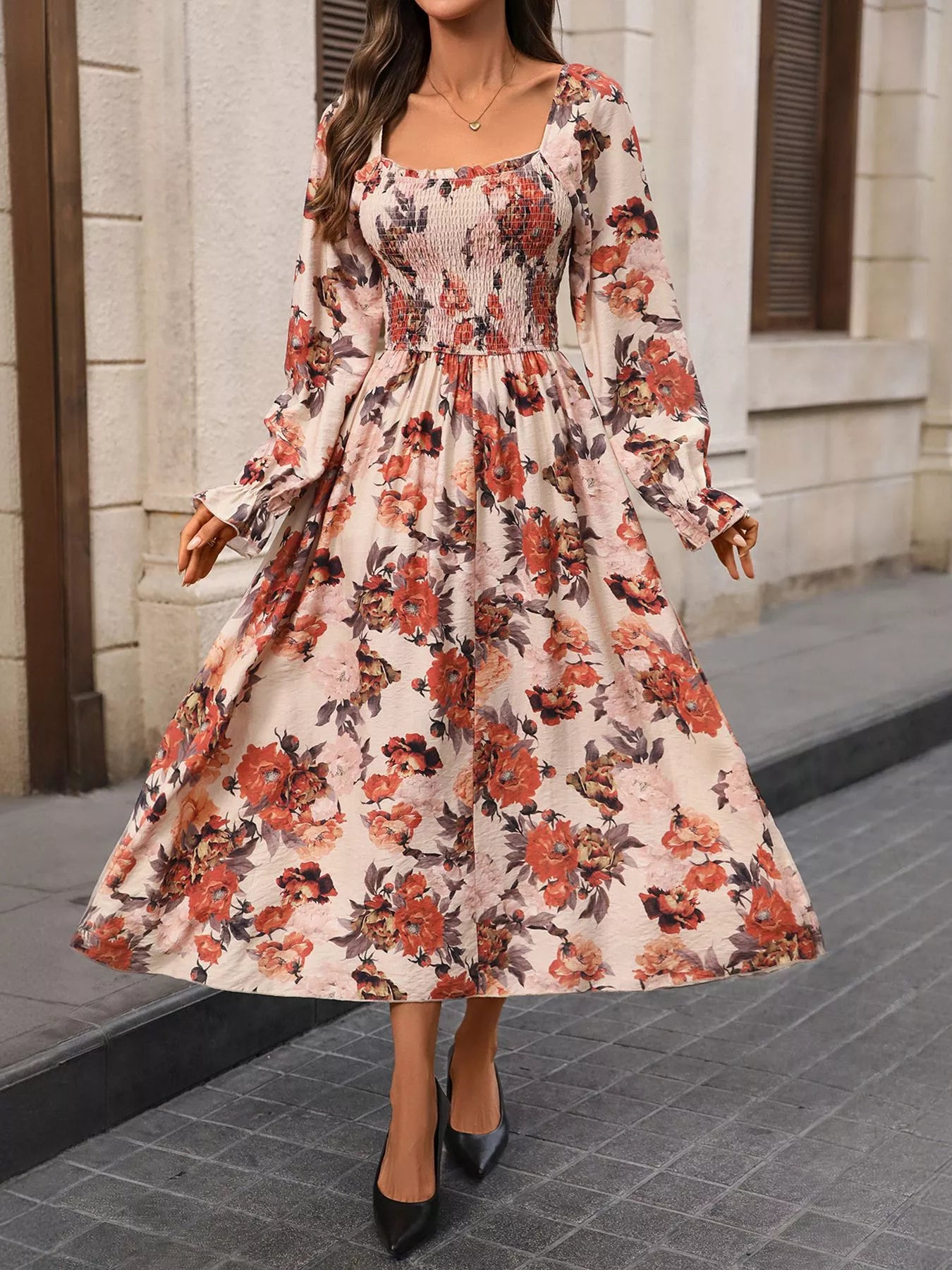 Smocked Floral Print Flounce Sleeve Dress