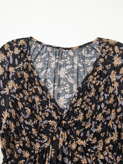 Floral Deep V Neck Smocked Bust Bubble Sleeve Babydoll Dress