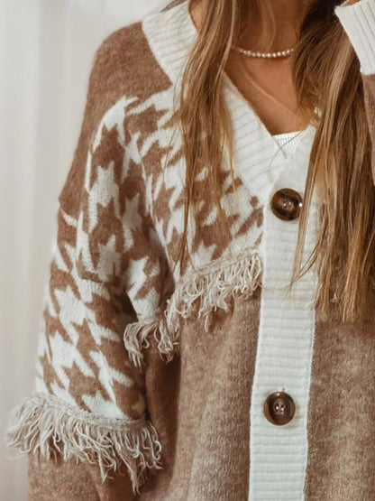 Fringe Trim Button-Up Cardigan