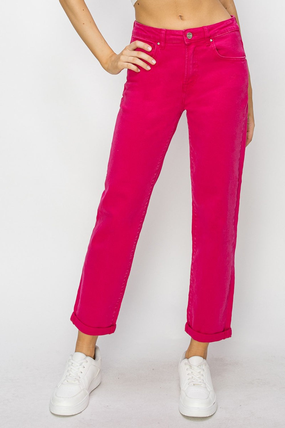 RISEN High Waist Rolled Hem Straight Jeans FUCHSIA